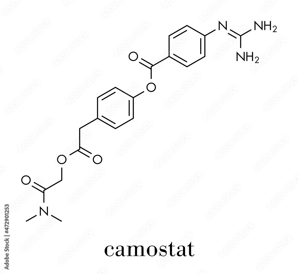 Camostat drug molecule. Serine protease inhibitor, investigated for treatment of Covid-19. Skeletal formula. Camostat drug molecule. Serine protease inhibitor, investigated for treatment of Covid-19. Skeletal formula.