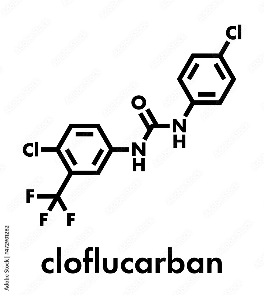 Cloflucarban disinfectant molecule. Skeletal formula. Cloflucarban disinfectant molecule. Skeletal formula.