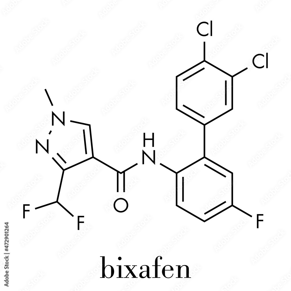Bixafen fungicide molecule. Skeletal formula. Bixafen fungicide molecule. Skeletal formula.
