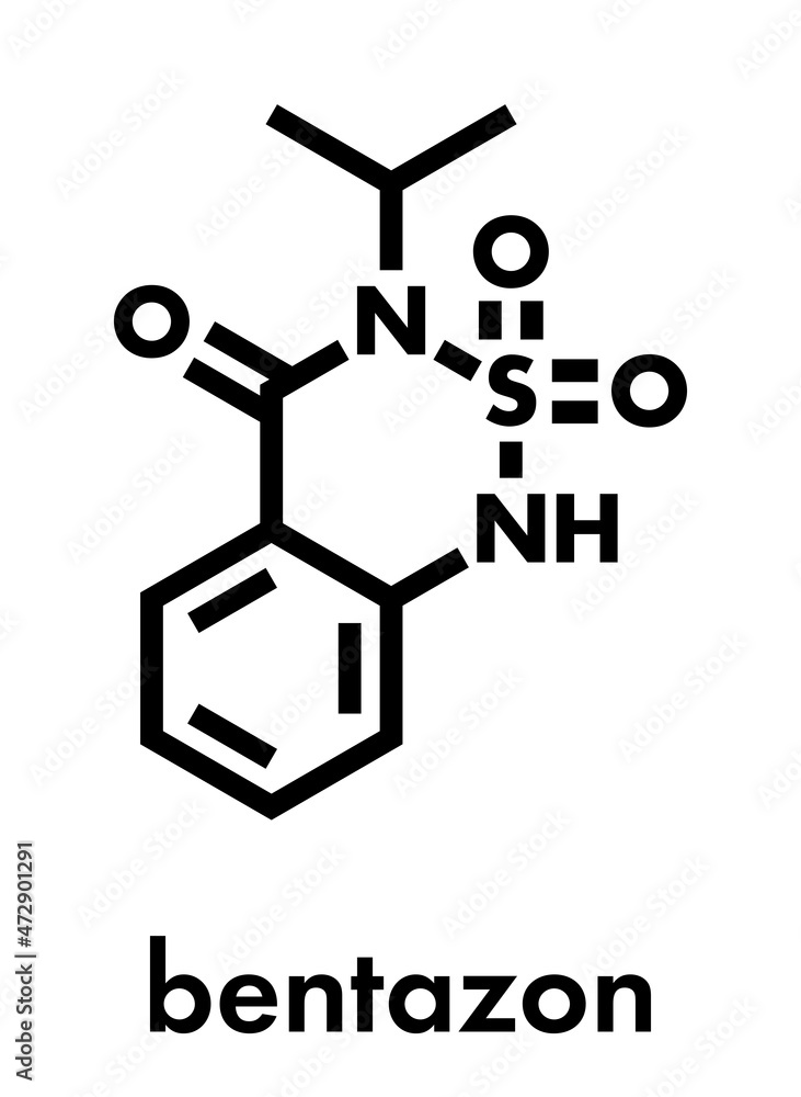 Bentazon herbicide molecule. Skeletal formula. Bentazon herbicide molecule. Skeletal formula.