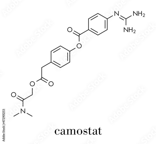 Camostat drug molecule. Serine protease inhibitor, investigated for treatment of Covid-19. Skeletal formula.