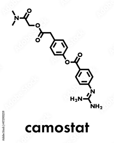 Camostat drug molecule. Serine protease inhibitor, investigated for treatment of Covid-19. Skeletal formula.