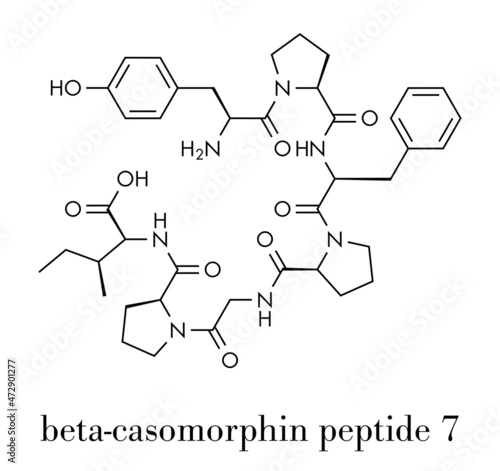 Beta-casomorphin peptide 7 molecule. Breakdown product of casein that may play a role in human diseases. Skeletal formula.