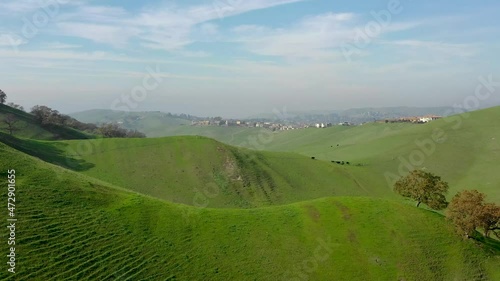 landscape with green grass and blue sky drone aerial
