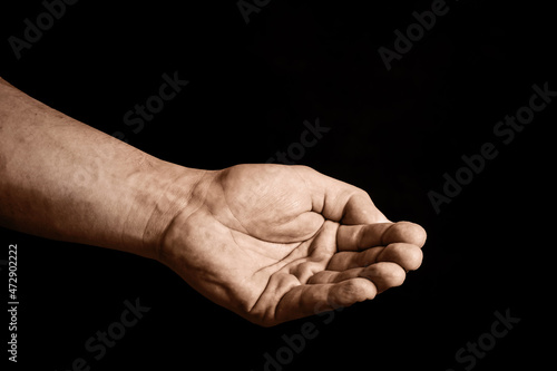 Hands begging for help. Empty hand isolated. Charity symbol gesture background. Man asking for money. Waiting for salvation. God have mercy on us people.