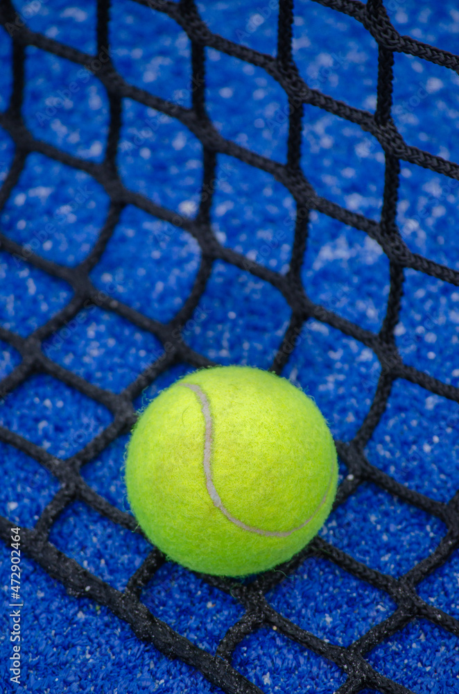A ball over the net of a paddle tennis court