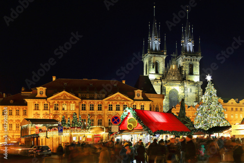 Photography Christmas Mood on the night Old Town Square, Prague, Czech Republic