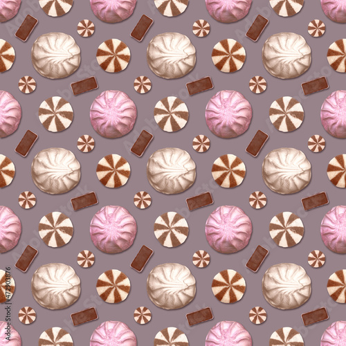 Seamless geometric pattern of sweets marshmallows, candies and cookies