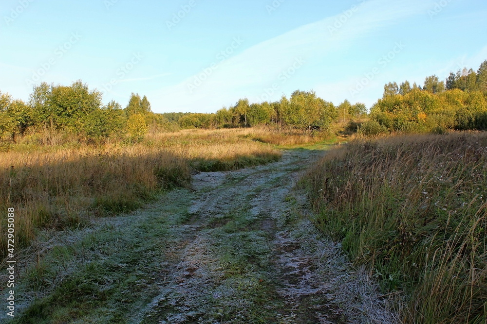 Sunny frosty morning in early autumn. The grass is covered with frost. Colored leaves on the trees. Sunny frosty morning in early autumn. The grass is covered with frost. Colored leaves on the trees.