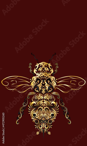Black, Gold and Decorative Filigree Scroll-work Bee Design On Burgundy Background