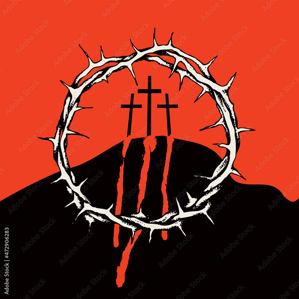 Religious illustration with crown of thorns, three black crosses and