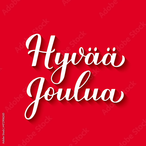 Hyvaa Joulua calligraphy hand lettering with shadow on red background. Merry Christmas typography poster in Finnish. Easy to edit vector template for greeting card, banner, flyer, etc