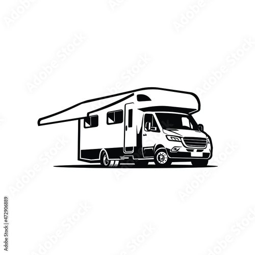 Campervan vector isolated. Black and white motorhome RV in white background