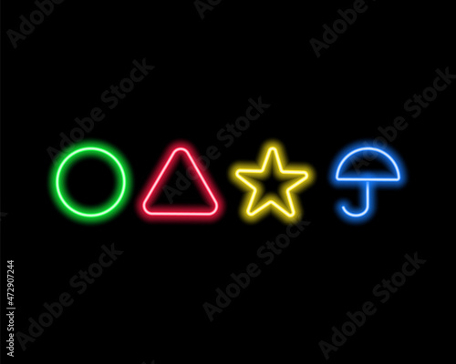 Neon set of colored shapes circle, square, triangle, star, umbrella. Vector image.