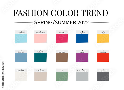 Fashion Color Trend Spring Summer 2022. Trendy colors palette guide. Fabric swatches with color names. Easy to edit vector template for your creative designs