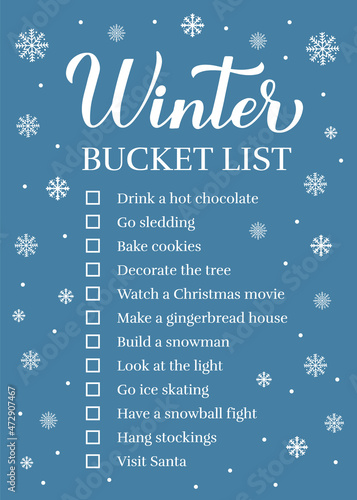 Winter bucket list. Funny things to do checklist. Seasonal activity planner page. Holidays wish list. Easy to edit vector template