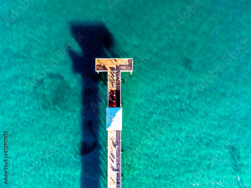Aerial drone panoramic shot of pier over ocean