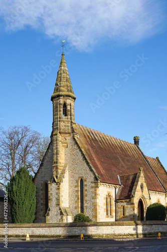 Harome, England - 26 November 2021 - The exterior of St Saviour's Church, a Grade II listed Church of England Church in Harome, North Yorkshire, England. The architect was Charles Barry Jr.