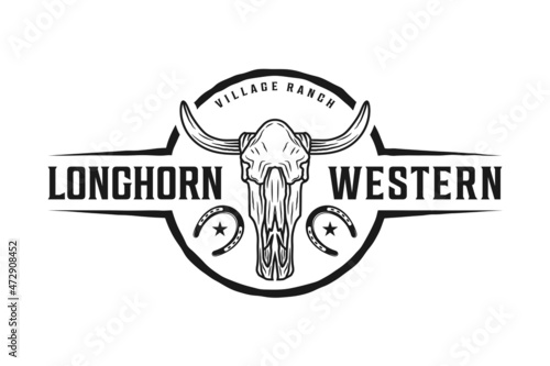 Longhorn Bull Buffalo Cow with Shoe Horse for Vintage Retro Western Countryside Farm Ranch Country logo design 