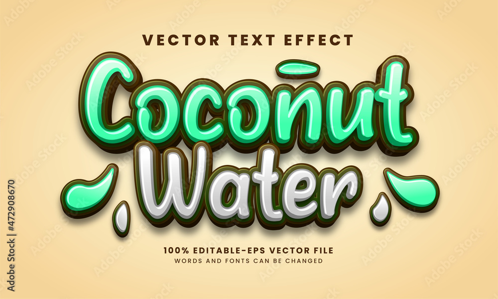 Coconut water 3D text effect. Editable text style, suitable for drink product needs. Coconut water 3D text effect. Editable text style, suitable for drink product needs.