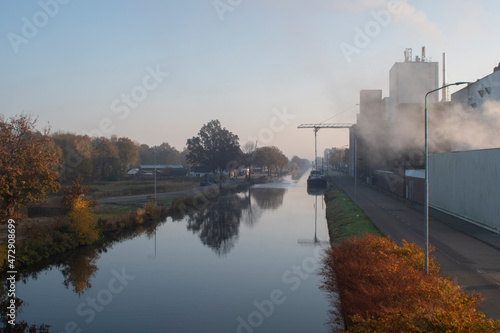 Morning vieuw with fog over the Zuid-Willemsvaart canal, photo made 11 november 2021 in Weert the Netherlands photo