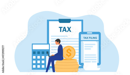 Online tax filing concept, businessman filling tax form documents online vector illustration 