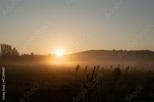 Good morning pandorra  a rural sunrise in the morning mist.