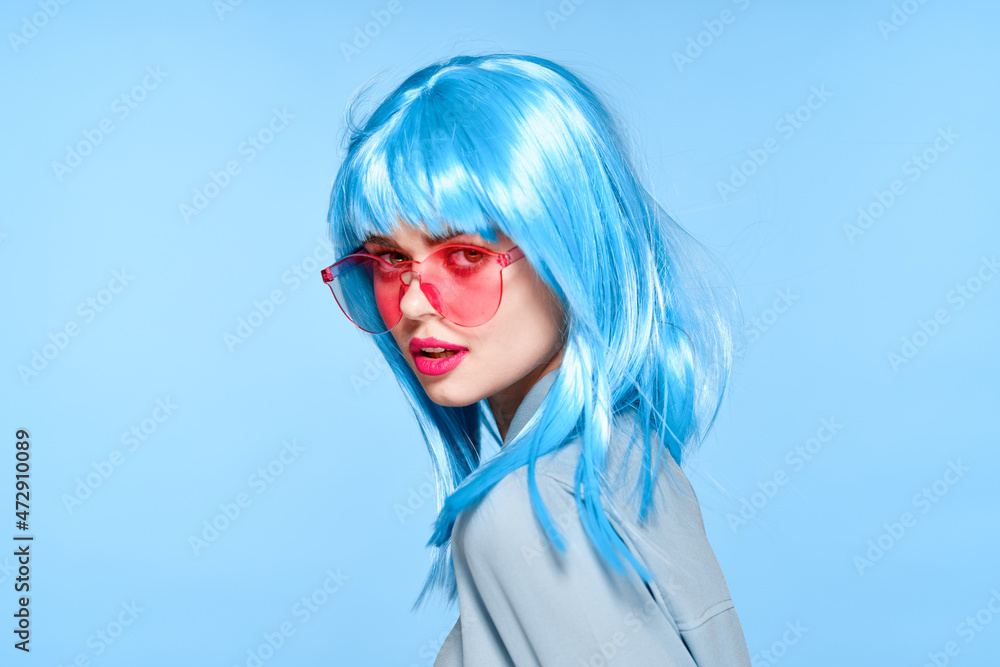 cheerful glamorous woman in pink glasses purple wig fashion cheerful glamorous woman in pink glasses purple wig fashion