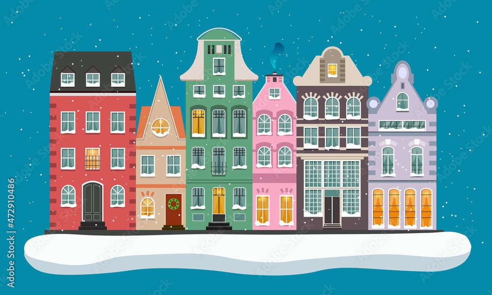 Colorful houses in winter night