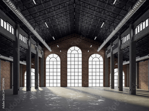 Industrial loft style empty old warehouse interior 3d render,brick wall,concrete floor and black steel roof structure