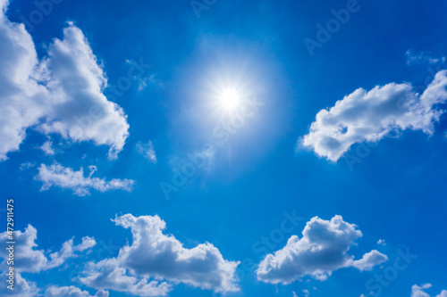 太陽のフレアと青空と白い雲の背景素材_v_02