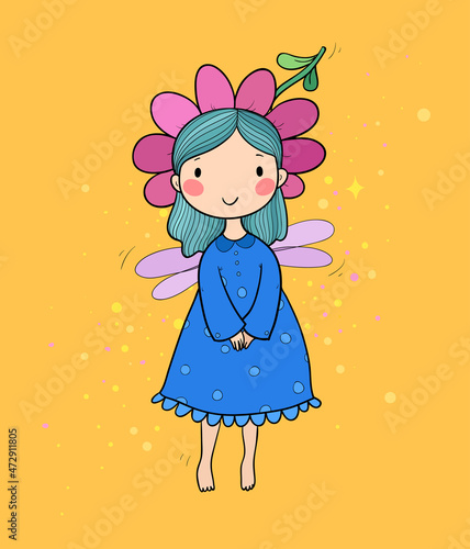 Cute cartoon fairy.Little Flower elf. Little girl with wings.