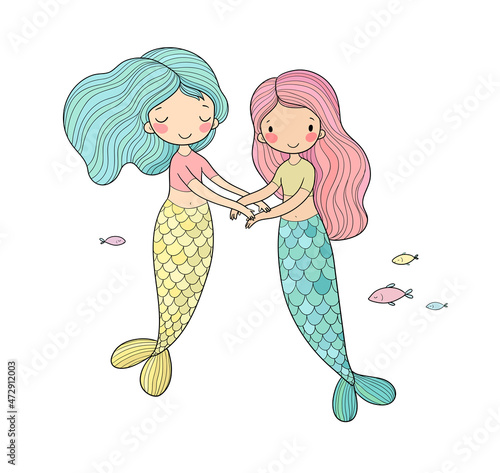  ute little mermaids. cartoon girls with fish tails. Marine theme.