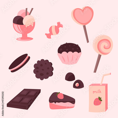 Set of isolated sweets and desserts. Chocolate bar, cake, cupcake, ice cream, lollipop, candies, bisquit, cookies, srawberry milk stickers. Confectionery for shop, cafe menu, card, banner, poster.