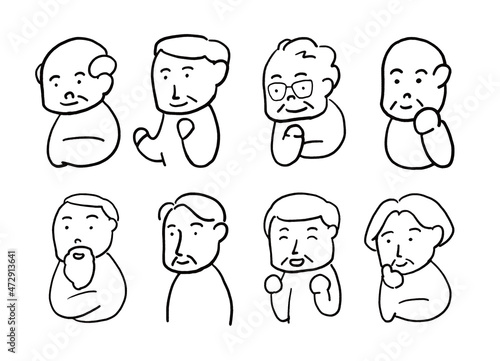 笑顔のおじいさんの線画イラストセット