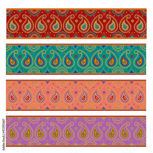 Collection of four seamless hand drawn paisley border design. Individual  seamless paisley design on a separate layer. 