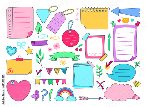 Sketch sticky notebook note paper doodle set. Notes with elements planning, speech bubble frame, rainbow. Blank graphic notepad or label tag. Organized education planner, bookmark memory diary page