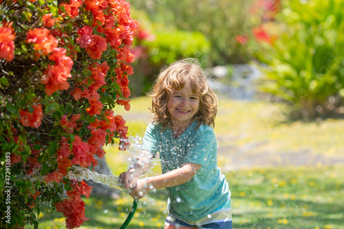 little gardener child helping to watering flowers with garden hose in summer garden. Seasonal yard work. © Volodymyr