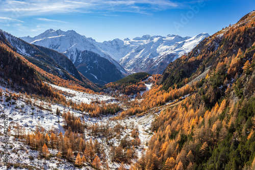 Autumn scene in high mountains. Grauson valley, Cogne, Aosta valley, Italy