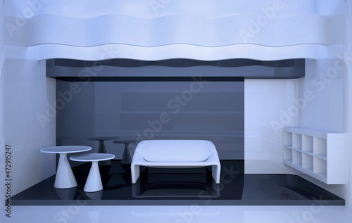 Sketch of a futuristic living room. Interior design. Technologies of the future made of plastic. 3D illustration