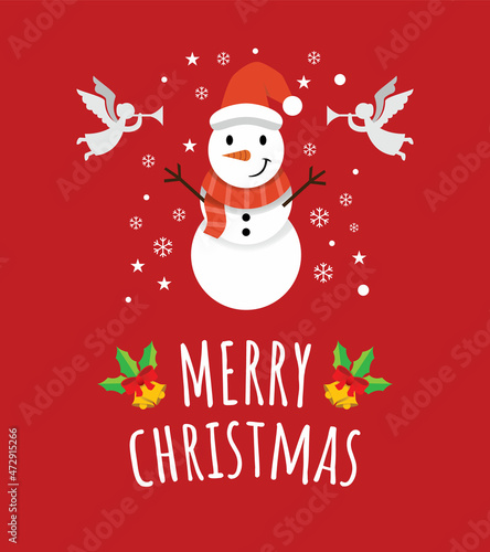 Cute Greeting Merry Christmas Card with happy cute snowman in Red Background.
