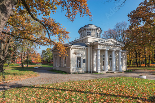 Mansion of major general Strukov P. A. in the autumn city park. It was built in 1827-1828 yy. Peterhof, Saint Petersburg. Russia. photo