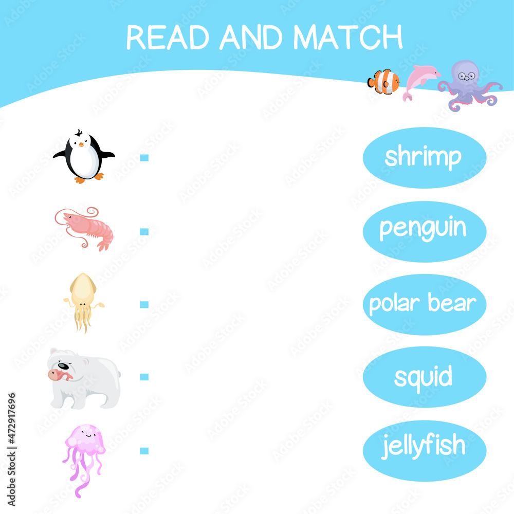 Read and match worksheet game. English alphabet with cartoon animals set. Matching words with images using funny sea animals for kids. Vector illustration. Read and match worksheet game. English alphabet with cartoon animals set. Matching words with images using funny sea animals for kids. Vector illustration.