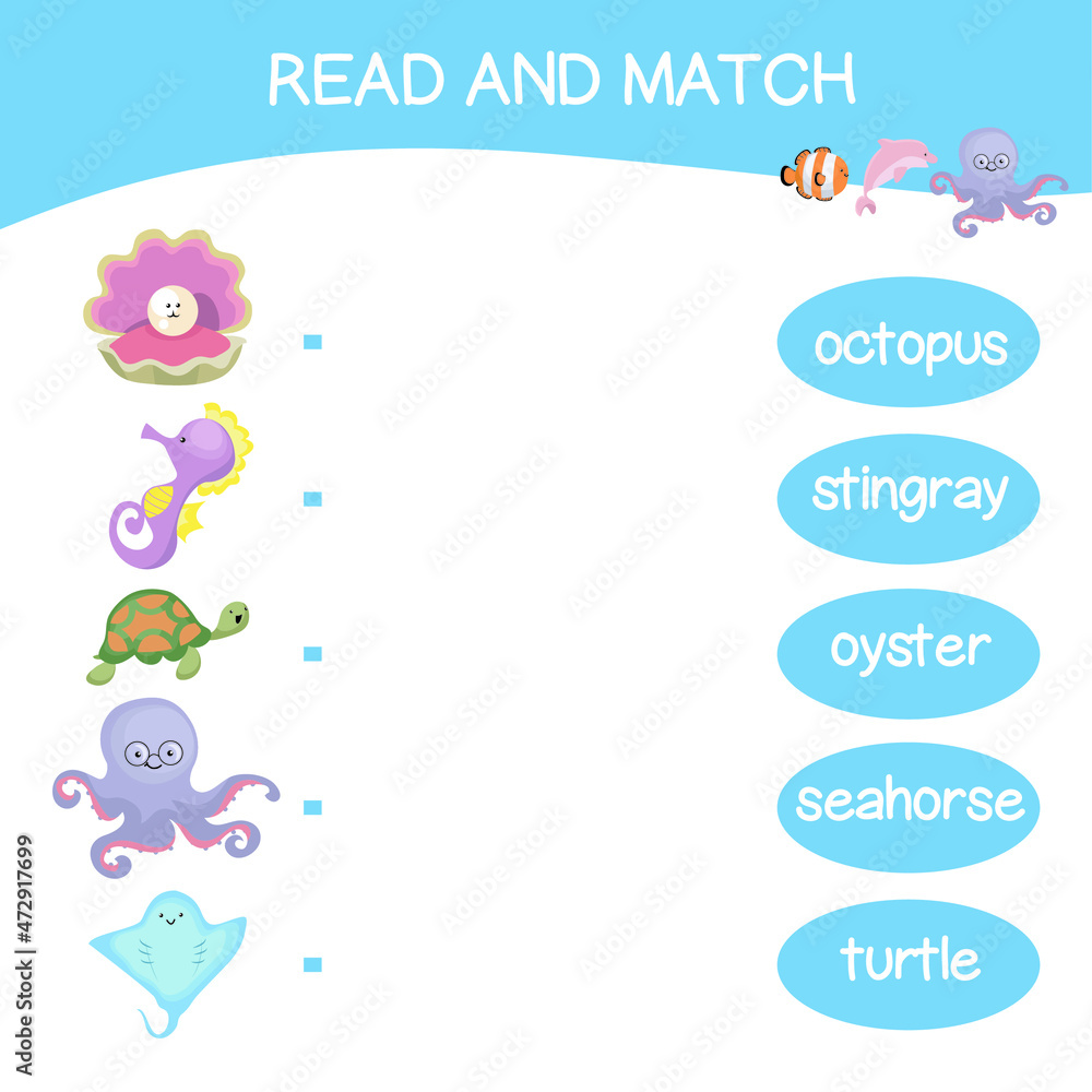 Read and match worksheet game. English alphabet with cartoon animals set. Matching words with images using funny sea animals for kids. Vector illustration. Read and match worksheet game. English alphabet with cartoon animals set. Matching words with images using funny sea animals for kids. Vector illustration.