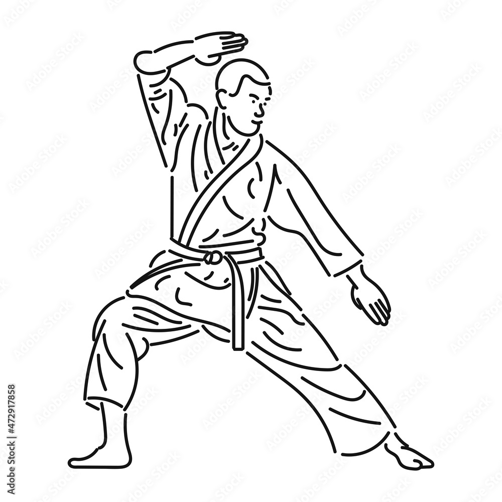 black line art Young man practicing karate in style black line art Young man practicing karate in style
