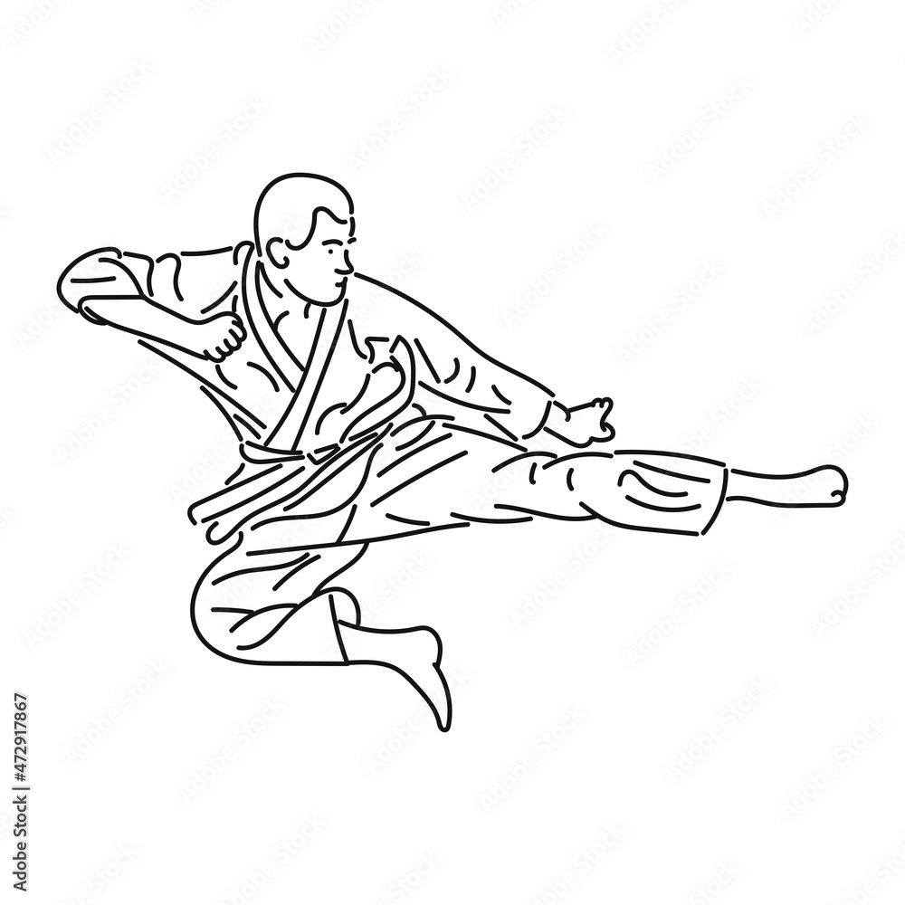 black line art Young man practicing karate in style black line art Young man practicing karate in style