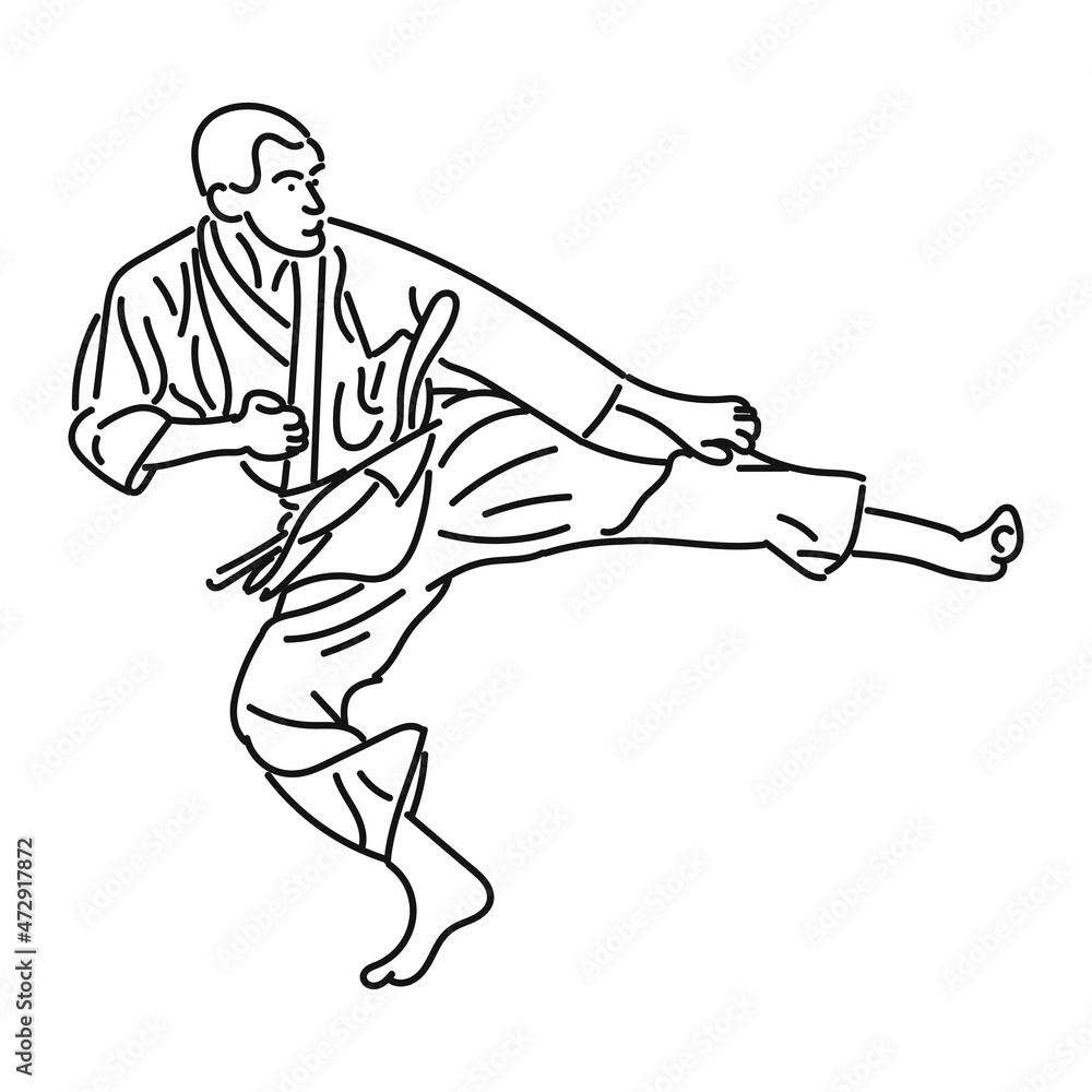 black line art Young man practicing karate in style