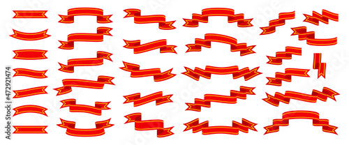 Ribbon red holiday sale party flowing flat set. Vintage sale banner shape. Festive website design element. News postcard discount christmas decor. Bright heraldic tag isolated on white background