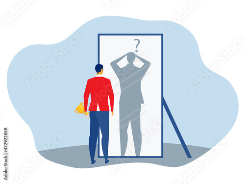 imposter syndrome, businessman looking shadow himself through mirror for Anxiety and lack of self confidence at work vector