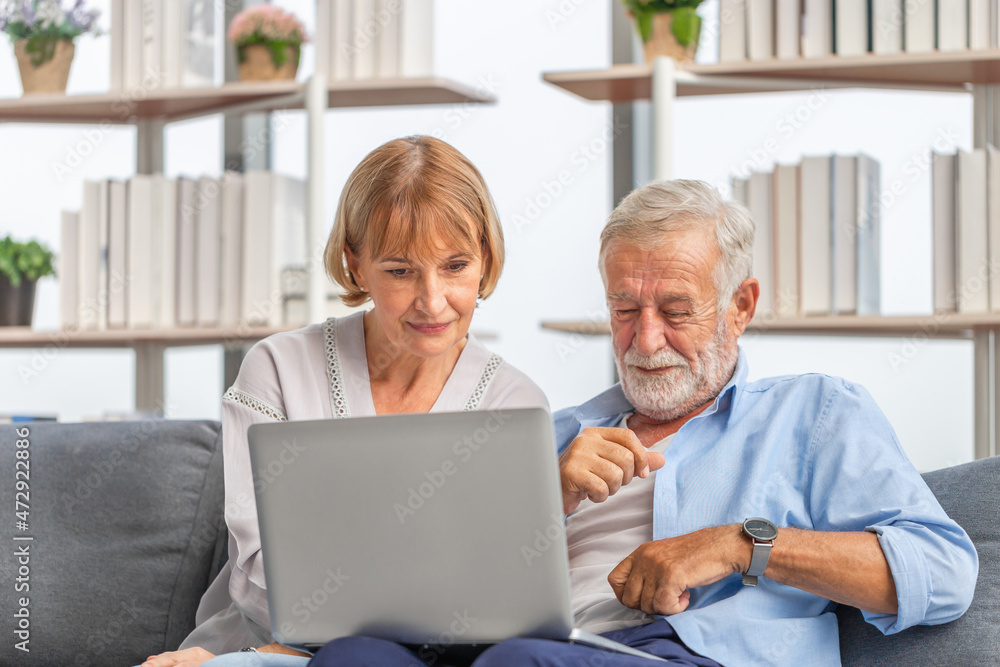 Elderly woman and a man using computer laptop on cozy sofa at home, Senior couple in living room, Happy family concepts